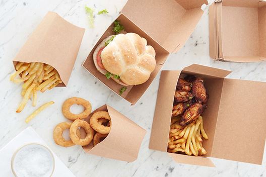 Cajas de comida para llevar y bolsas para patatas fritas de papel, bandejas kraft y cajas para hamburguesas